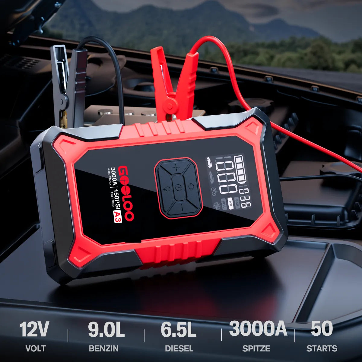 GOOLOO A3 Starthilfe Powerbank mit Luftkompressor 3000A 12V,für 9L Benzin/6,5L Diesel, -20°C bis 60°C