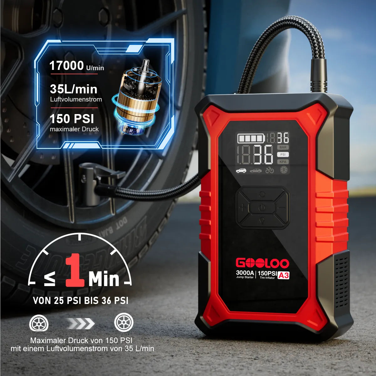 GOOLOO A3 Starthilfe Powerbank mit Luftkompressor 3000A