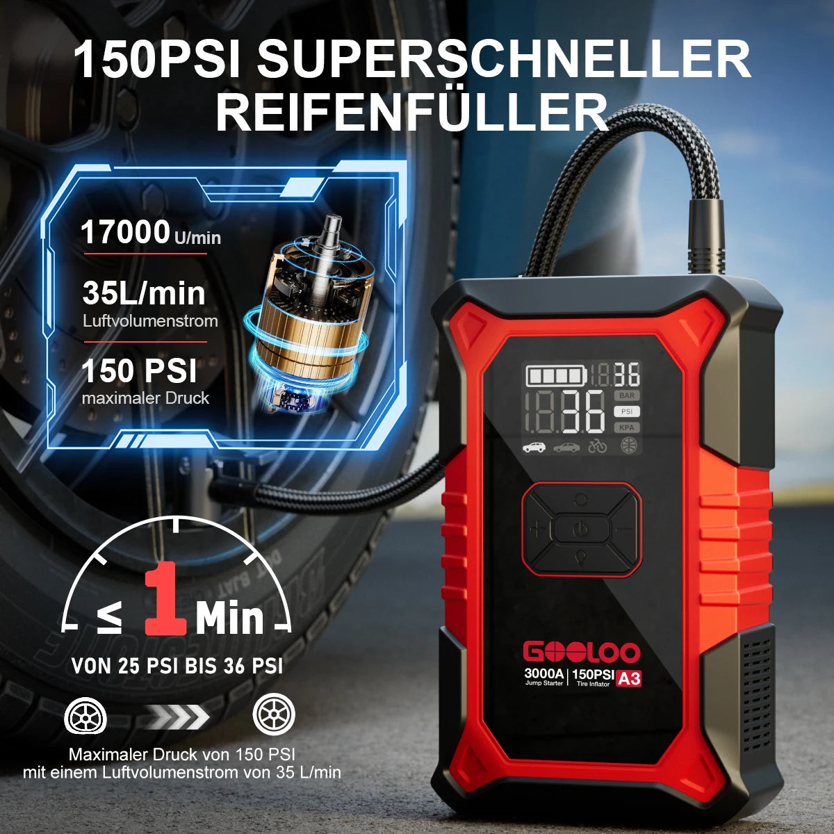 GOOLOO A3 Supersafe Starthilfe Powerbank mit Luftkompressor 3000A