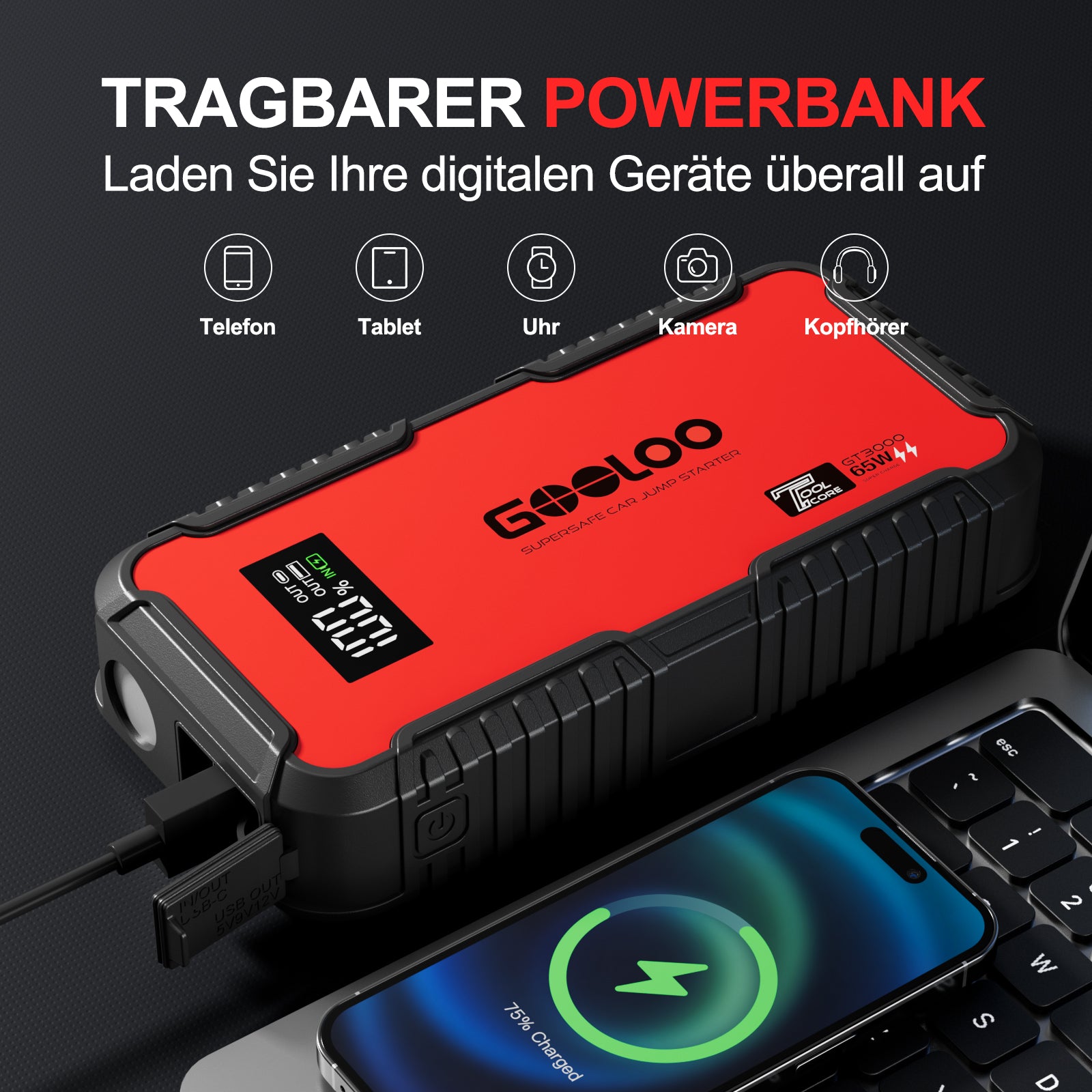 GOOLOO GT3000 Starthilfe Powerbank 3000A mit EVA-Tasche
