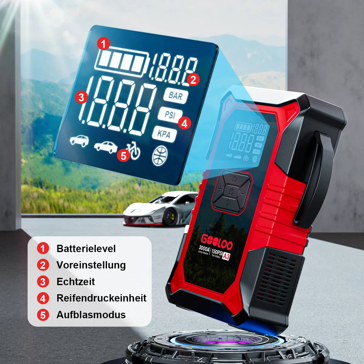 GOOLOO A3 Starthilfe Powerbank mit Luftkompressor 3000A 12V,für 9L Benzin/6,5L Diesel, -20°C bis 60°C