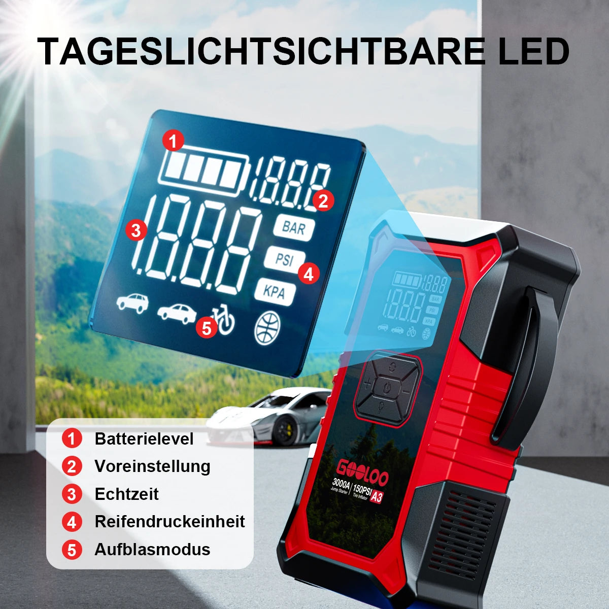 GOOLOO A3 Supersafe Starthilfe Powerbank mit Luftkompressor 3000A