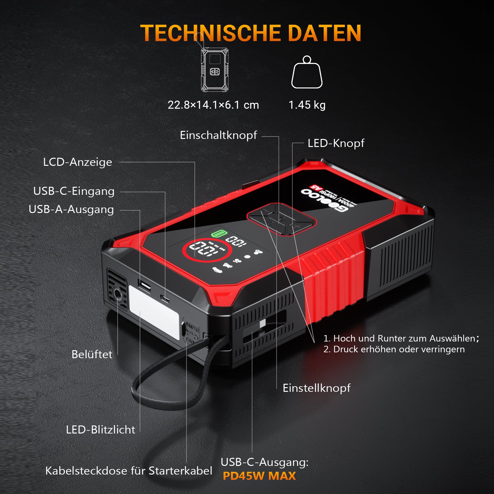 GOOLOO A5 Starthilfe Powerbank mit Luftkompressor