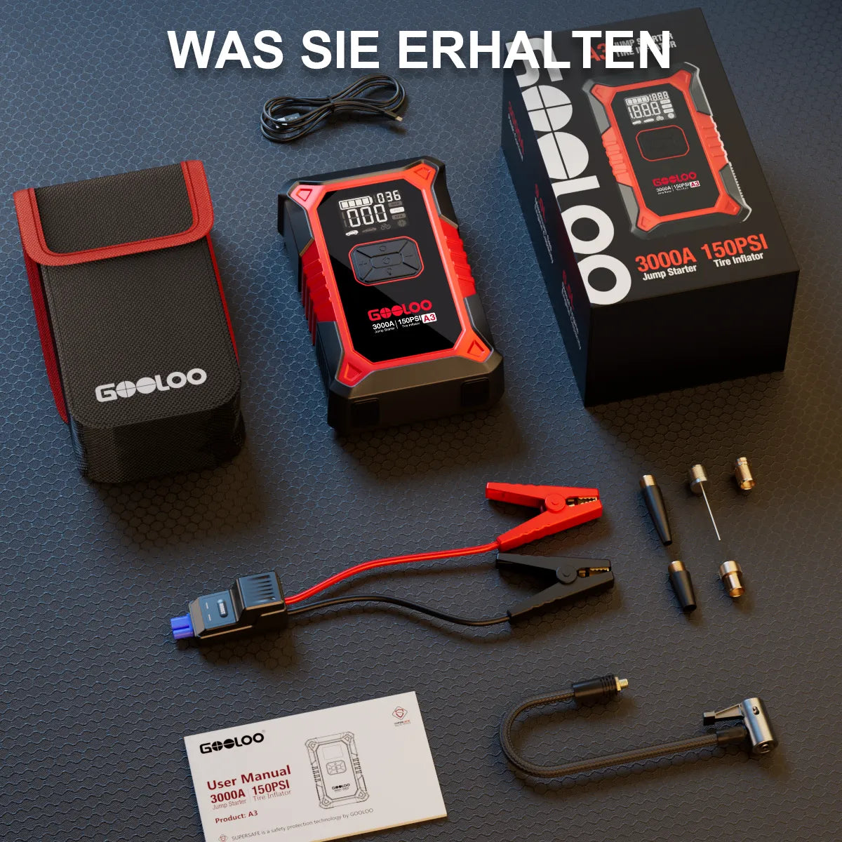 GOOLOO A3 Starthilfe Powerbank mit Luftkompressor 3000A 12V,für 9L Benzin/6,5L Diesel, -20°C bis 60°C