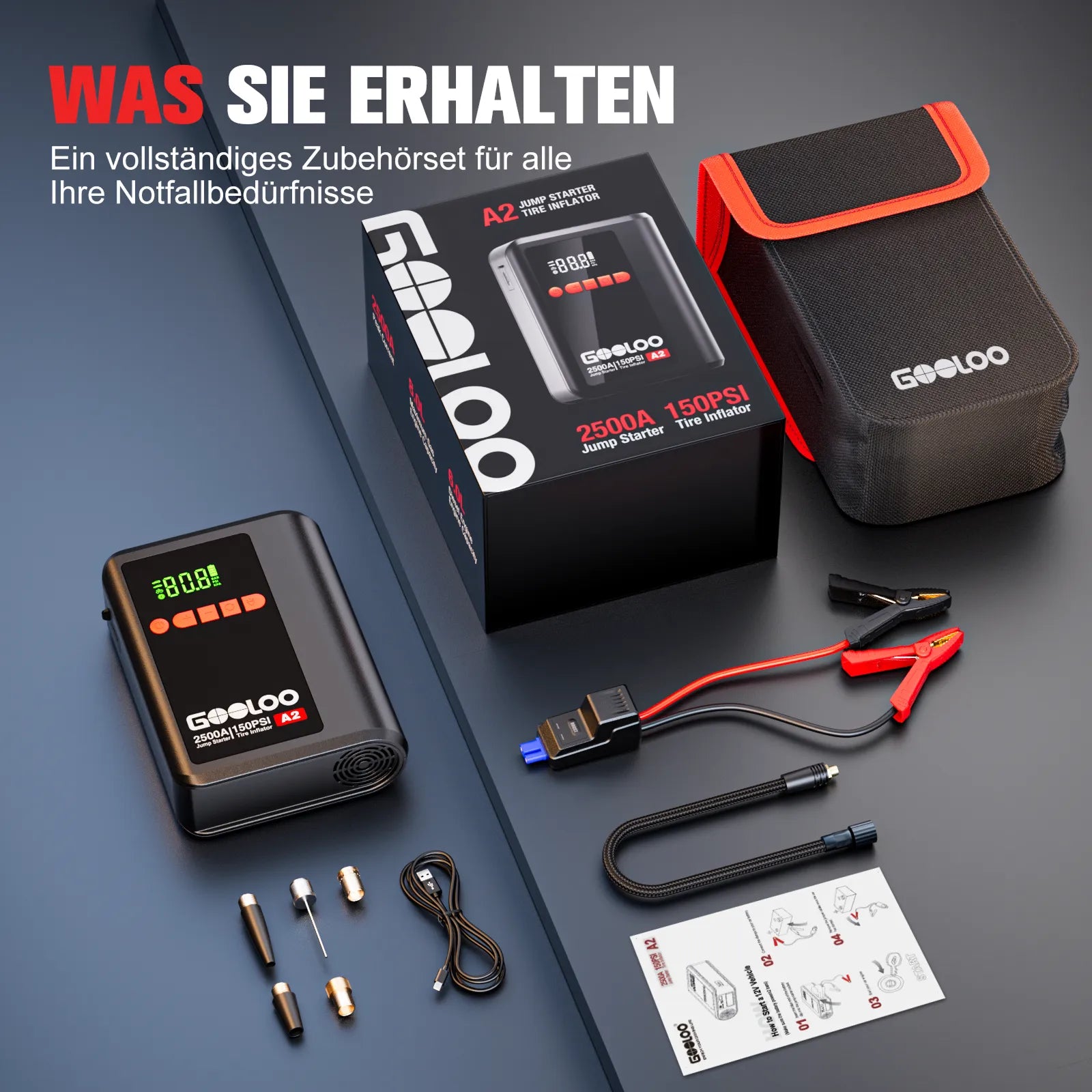 GOOLOO A2 Starthilfe Powerbank mit Luftkompressor  2500A 12V, für 8L Benzin/6L Diesel, -20°C bis 60°C