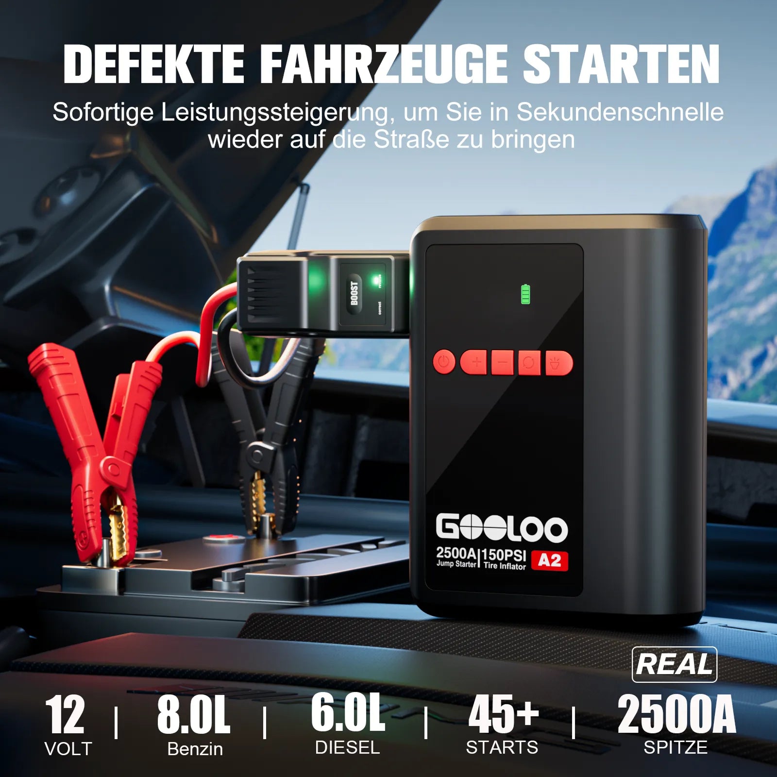 GOOLOO A2 Starthilfe Powerbank mit Luftkompressor  2500A 12V, für 8L Benzin/6L Diesel, -20°C bis 60°C