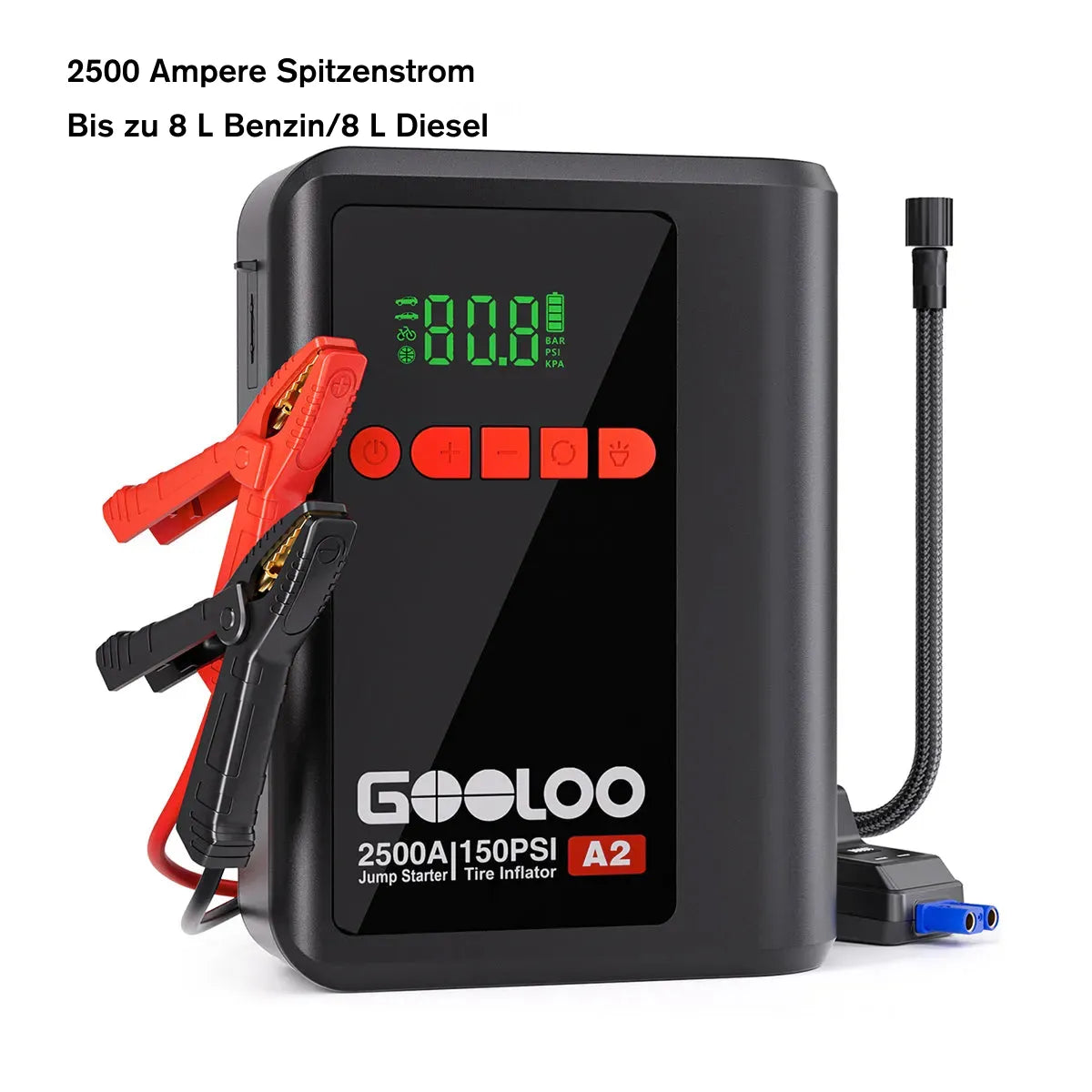 GOOLOO A2 Starthilfe Powerbank mit Luftkompressor  2500A 12V, für 8L Benzin/6L Diesel, -20°C bis 60°C