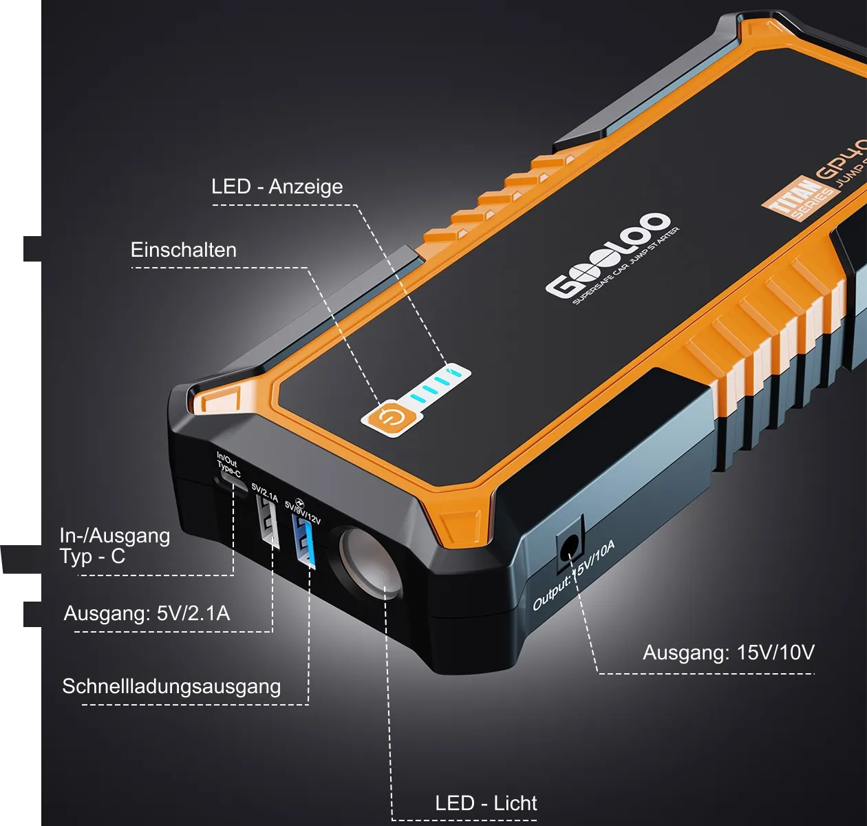 GOOLOO GP4000 Starthilfe Powerbank 4000A 12V, für 12L Benzin/10L Diesel, -20°C bis 60°C