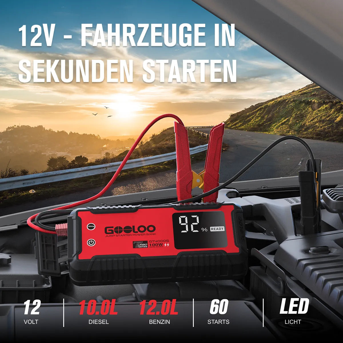 GOOLOO GT4000S  Starthilfe Powerbank 4000A 100W 12V, für 12L Benzin/10L Diesel, -20°C bis 60°C
