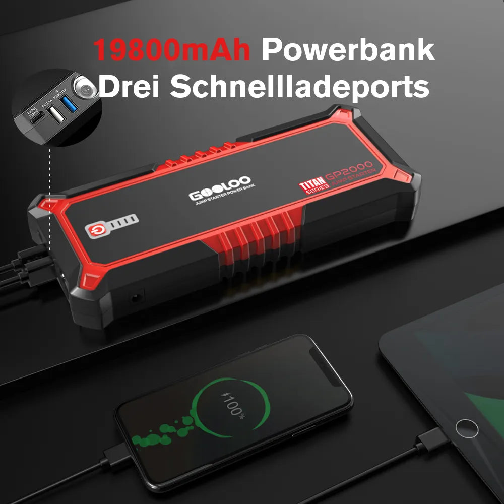 GOOLOO GP2000 Starthilfe Powerbank 2000A 12V, für 8L Benzin/6L Diesel, -20°C bis 55°C
