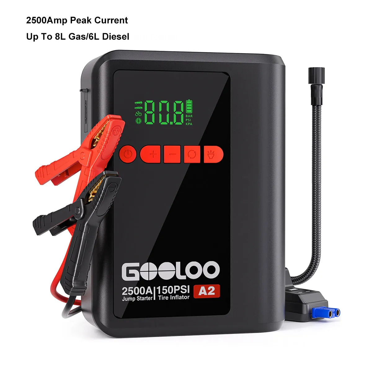 GOOLOO A2 Starthilfe Powerbank mit Luftkompressor  2500A 12V, für 8L Benzin/6L Diesel, -20°C bis 60°C