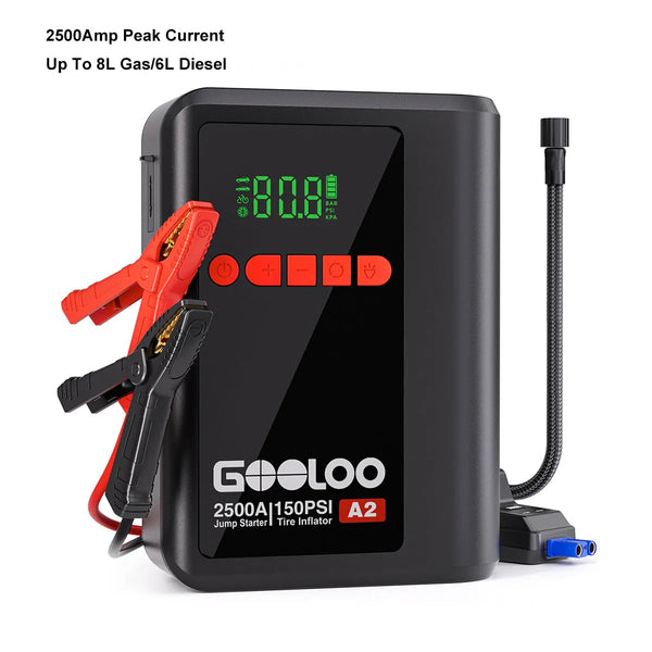 GOOLOO A2 Starthilfe Powerbank mit Luftkompressor  2500A 12V, für 8L Benzin/6L Diesel, -20°C bis 60°C