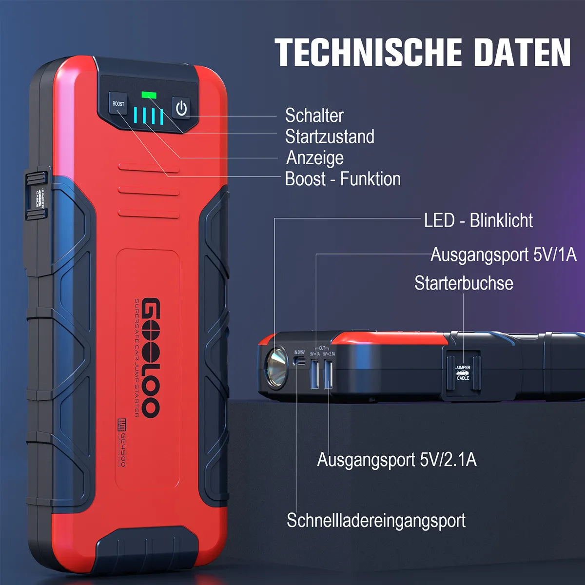 GOOLOO GE4500 Starthilfe Powerbank 4500A 12V, für 10L Benzin/8L Diesel, -20°C bis 60°C