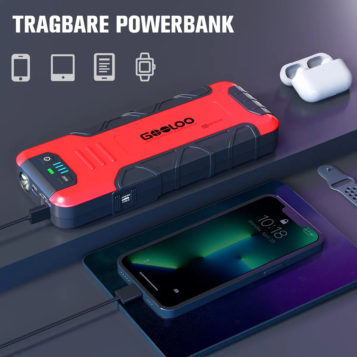 GOOLOO GE4500 Starthilfe Powerbank 4500A 12V, für 10L Benzin/8L Diesel, -20°C bis 60°C
