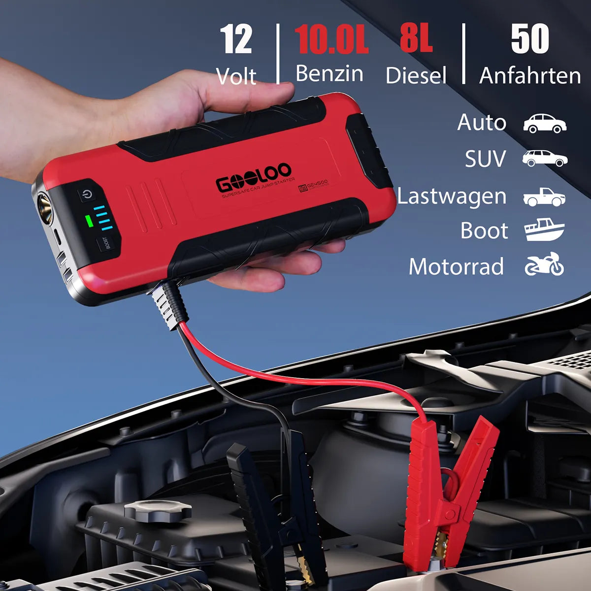 GOOLOO GE4500 Starthilfe Powerbank 4500A 12V, für 10L Benzin/8L Diesel, -20°C bis 60°C