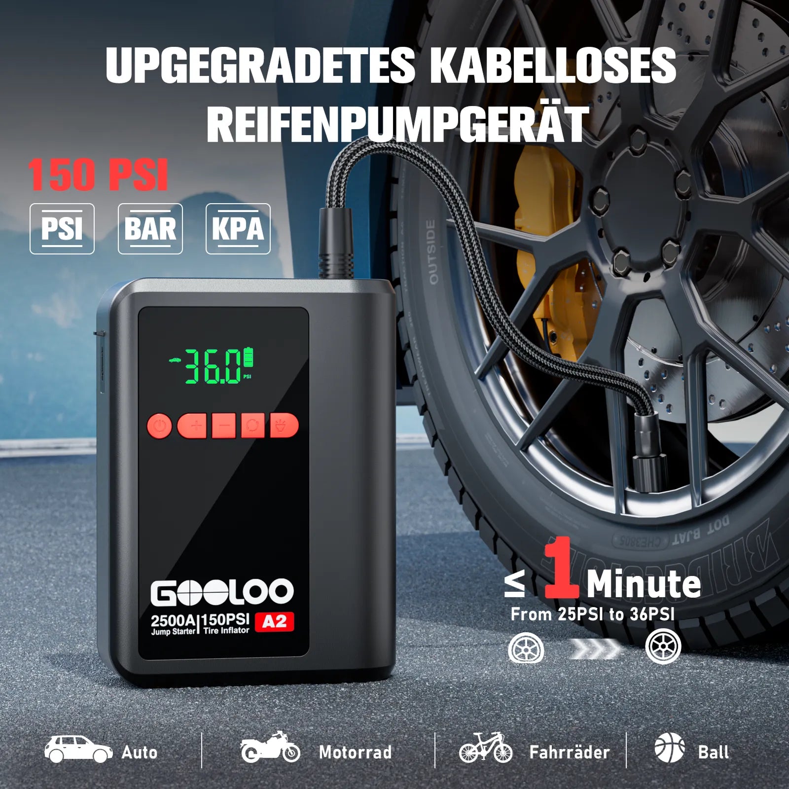 GOOLOO A2 Starthilfe Powerbank mit Luftkompressor  2500A 12V, für 8L Benzin/6L Diesel, -20°C bis 60°C