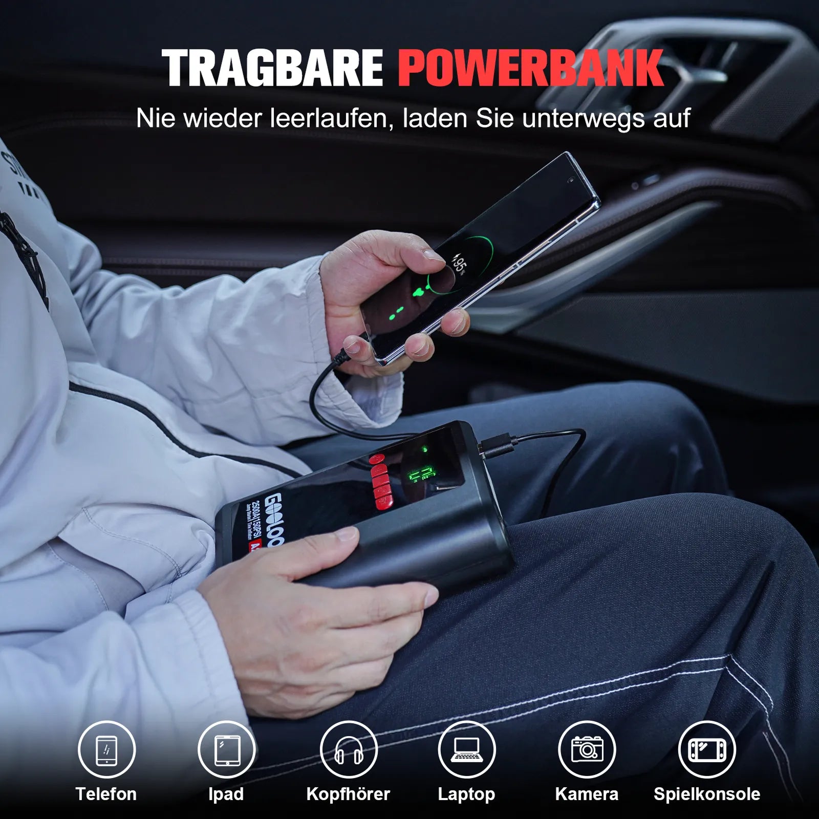 GOOLOO A2 Starthilfe Powerbank mit Luftkompressor  2500A 12V, für 8L Benzin/6L Diesel, -20°C bis 60°C