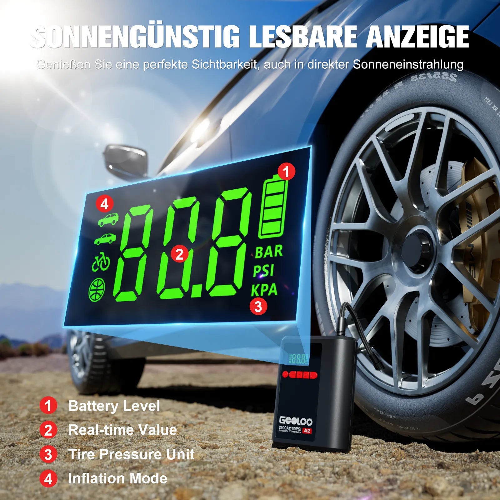 GOOLOO A2 Starthilfe Powerbank mit Luftkompressor  2500A 12V, für 8L Benzin/6L Diesel, -20°C bis 60°C